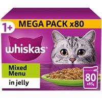 80 x 85g Whiskas 1+ Mixed Menu Mixed Adult Wet Cat Food Pouches in Jelly