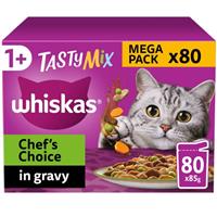80 x 85g Whiskas 1+ Chef's Choice Mix Mixed Adult Wet Cat Food Pouches in Gravy