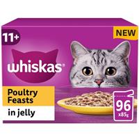 96 x 85g Whiskas 11+ Poultry Feasts Mixed Senior Wet Cat Food Pouches in Jelly