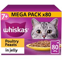 80 x 85g Whiskas 7+ Poultry Feasts Mixed Senior Wet Cat Food Pouches in Jelly