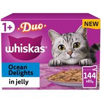 144 x85g Whiskas 1+ Duo Ocean Delights Mixed Adult Wet Cat Food Pouches in Jelly