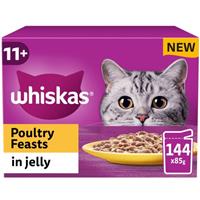 144 x 85g Whiskas 11+ Poultry Feasts Mixed Senior Wet Cat Food Pouches in Jelly