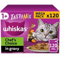 120 x 85g Whiskas 1+ Chef's Choice Mix Mixed Adult Wet Cat Food Pouches in Gravy