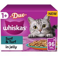 96 x 85g Whiskas 1+ Duo Surf & Turf Mixed Adult Wet Cat Food Pouches in Jelly