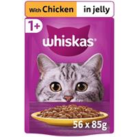 56 x 85g Whiskas 1+ Adult Wet Cat Food Pouches Chicken in Jelly