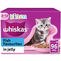 96 x 85g Whiskas Kitten Fish Favourites Mixed Wet Cat Food Pouches in Jelly