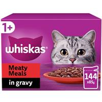 144 x 85g Whiskas 1+ Meaty Meals Mixed Adult Wet Cat Food Pouches in Gravy