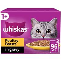 96 x 85g Whiskas 1+ Poultry Feasts Mixed Adult Wet Cat Food Pouches in Gravy