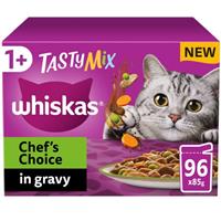 96 x 85g Whiskas 1+ Chef's Choice Mixed Adult Wet Cat Food Pouches in Gravy