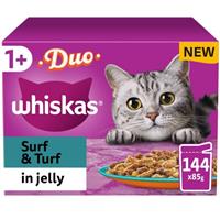 144 x 85g Whiskas 1+ Duo Surf & Turf Mixed Adult Wet Cat Food Pouches in Jelly