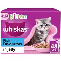 48 x 85g Whiskas Kitten Fish Favourites Mixed Wet Cat Food Pouches in Jelly