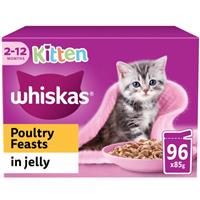 96 x 85g Whiskas Kitten Poultry Feasts Mixed Wet Cat Food Pouches in Jelly