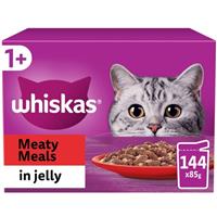 144 x 85g Whiskas 1+ Meaty Meals Mixed Adult Wet Cat Food Pouches in Jelly
