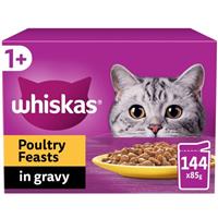 144 x 85g Whiskas 1+ Poultry Feasts Mixed Adult Wet Cat Food Pouches in Gravy
