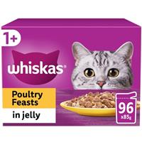 96 x 85g Whiskas 1+ Poultry Feasts Mixed Adult Wet Cat Food Pouches in Jelly
