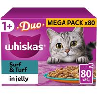 80 x 85g Whiskas 1+ Duo Surf & Turf Mixed Adult Wet Cat Food Pouches in Jelly