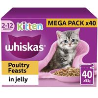 40 x 85g Whiskas Kitten Poultry Feasts Mixed Wet Cat Food Pouches in Jelly