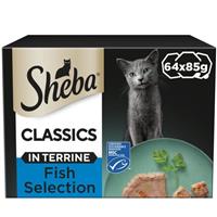 64 x 85g Sheba Classics Adult Wet Cat Food Trays Salmon in Terrine