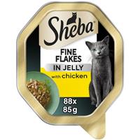 88 x 85g Sheba Fine Flakes Adult Wet Cat Food Trays ChickenJelly