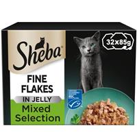 32 x 85g Sheba Fine Flakes Adult Wet Cat Food Trays Mixed Selection in Jelly