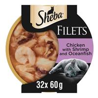 32 x 60g Sheba Fillets Adult Wet Cat Food Trays Chicken Shrimp & Fish in Gravy