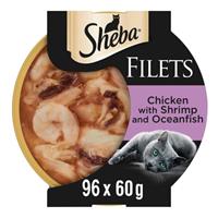 128 x 60g Sheba Fillets Adult Wet Cat Food Trays Chicken, Shrimp & Fish in Gravy