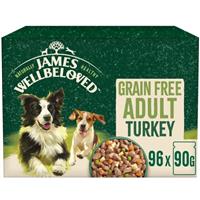 96 x 90g James Wellbeloved Grain Free Adult Wet Dog Food Turkey in Gravy Pouch