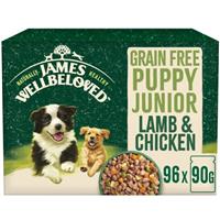 96 x 90g James Wellbeloved Grain Free Puppy Wet Food Lamb and Chicken in Gravy