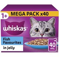 40 x 85g Whiskas 1+ Fish Favourites Mixed Adult Wet Cat Food Pouches in Jelly