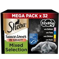 32 x 85g Sheba Sauce Lover Adult Wet Cat Food Trays Mixed Selection in Gravy