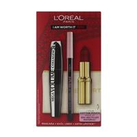 L'Oreal Black Masacara Eyeliner and Red Lipstick Make Up Set I am Worth It Reds