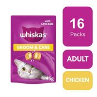 16 x 45g Whiskas Groom & Care Adult Cat Treats with Chicken