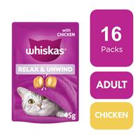 16 x 45g Whiskas Relax & Unwind Adult Cat Treats with Chicken
