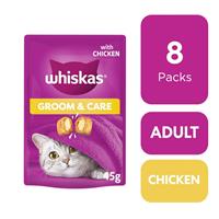 8 x 45g Whiskas Groom & Care Adult Cat Treats with Chicken BB-July25