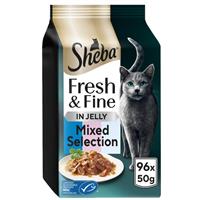 96 x 50g Sheba Fresh & Fine Cat Pouches with Tuna & Salmon & Whitefish in Jelly