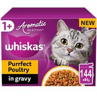 144 x 85g Whiskas 1+ Adult Wet Cat Food Pouches Aromatic Poultry in Gravy