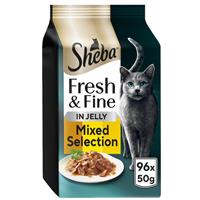 96 x 50g Sheba Fresh & Fine Adult Wet Cat Food Pouches Mixed Selection in Jelly