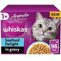 96 x 85g Whiskas 1+ Adult Cat Food Pouches Aromatic Seafood Delight in Gravy