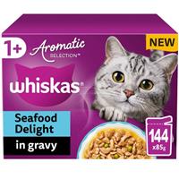 144 x 85g Whiskas 1+ Adult Cat Food Pouches Aromatic Seafood Delight in Gravy