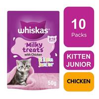 10 x 50g Whiskas 2-12 Months Kitten Junior Milky Treats With Chicken