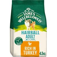 4.5kg James Wellbeloved Natural Hairball Adult Complete Dry Cat Food Turkey
