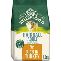 1.5kg James Wellbeloved Natural Hairball Adult Complete Dry Cat Food Turkey