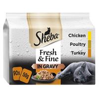 90 x 50g Sheba Fresh & Fine Adult Wet Cat Food Pouches Mixed Poultry In Gravy