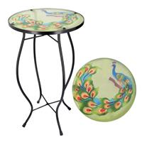 Iron/Glass Peacock Round Side Coffee Table Mosaic Design Garden Patio Outdoor