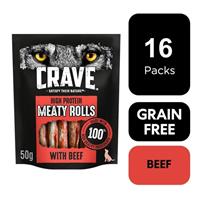 16 x 50g Crave Natural Grain Free Meaty Rolls Adult Dog Treats Beef Dog Chews