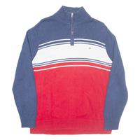 TOMMY HILFIGER Mens Patterned Jumper Red Striped 1/4 Zip Tight Knit L - L Regular