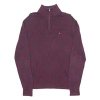 TOMMY HILFIGER Mens Patterned Jumper Maroon Argyle 1/4 Zip Tight Knit L - L Regular