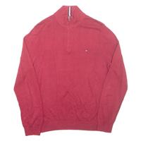 TOMMY HILFIGER Mens Jumper Maroon 1/4 Zip Tight Knit L - L Regular
