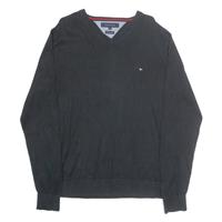 TOMMY HILFIGER Mens Jumper Black V-Neck Tight Knit L - L Regular