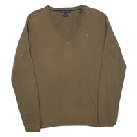 TOMMY HILFIGER Womens Jumper Green V-Neck Tight Knit L - L Regular